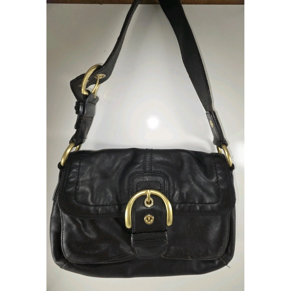 Vintage Coach Soho Black Leather Flap Shoulder Bag Y2K Buckle 11842